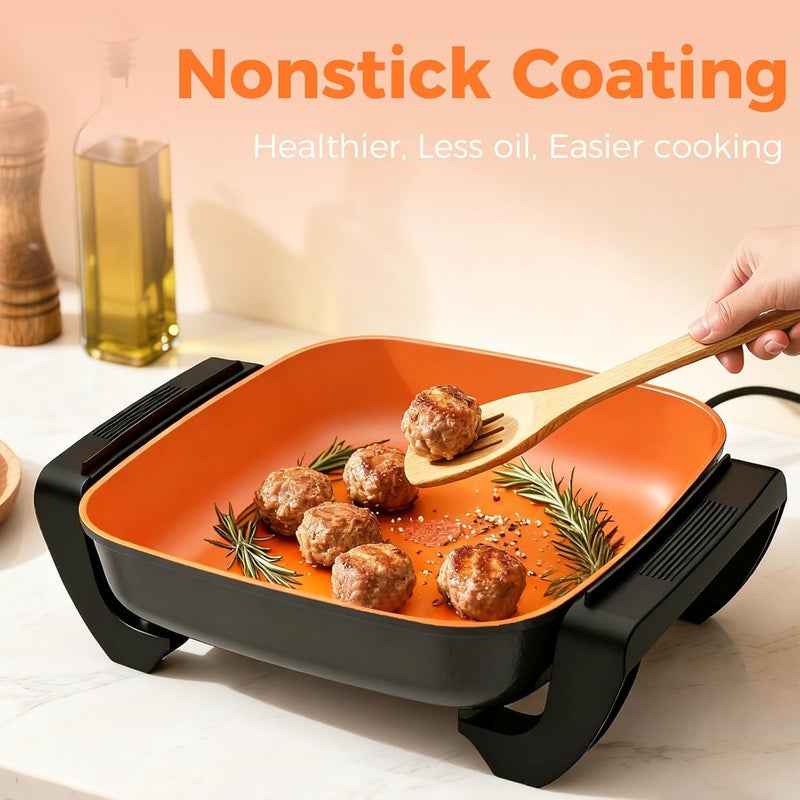 OSTBA Electric Skillet and Frying Pan with Glass Lid, 12"x12" Copper Nonstick Electric Pan for Cooking, 1500W Power, Cool Touch Handles, Adjustable Temperature, PTFE & PFOA Free - Image 4